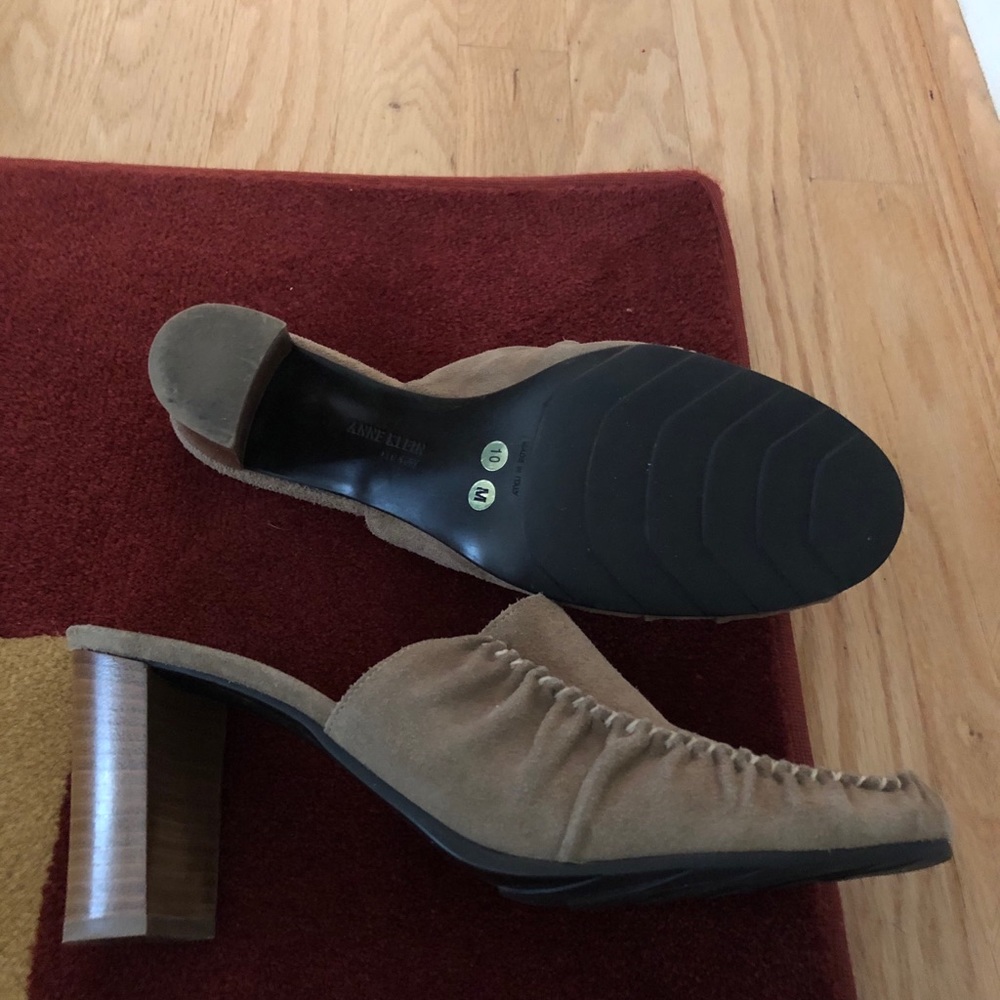 Anne Klein Suede Mules/ open back stacked heels